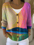 Vintage Art Print Buttoned V-neck Cardigan Sweater
