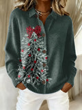 Women's Vintage Christmas Tree Art Print Casual Sweater