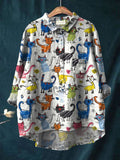 Women's Kid Drawing Cat Art Print Casual Cotton And Linen Shirt