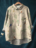 Boughs And Robin Birds Pattern Printed Women's Casual Cotton And Linen Shirt