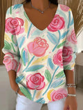 Women's Elegant V-Neck Long Sleeve Floral Pullover Sweater