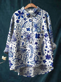Women's Floral Art Print Casual Cotton And Linen Shirt