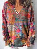 Vintage Art Print Knit V-neck Pullover Sweater