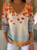 Women's Fall Leaf Print V-neck Long Sleeve Pullover Sweater