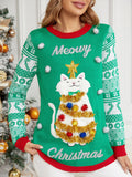 Christmas Long Sleeve Cat Appliqué Round Neck Sweater