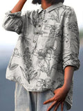 Line Drawing Floral Decorative Pattern Casual Cotton And Linen Shirt