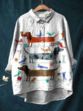 Vintage Lovely Dachshund Art Print Casual Cotton And Linen Shirt