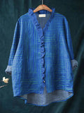 Women's Blue Stripes Art Print Casual Cotton And Linen Ruffle Shirt