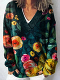 Retro Floral Art Print Knit V-neck Pullover Sweater