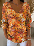 Women's Autumn Leaves Casual Print V-neck Long Sleeve Pullover Sweater