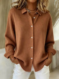 Women's Solid Color Shirt Collar Long Sleeve Cardigan Sweater