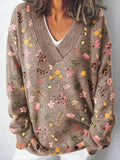 Flower Art Print Knit V-neck Pullover Sweater