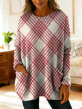 Women's Classic Diagonal Plaid Pattern Casual Round Collar Long Sleeve Sweater