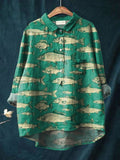 Vintage Lovely Fish Art Print Casual Cotton And Linen Shirt