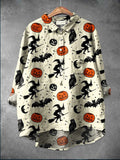 Women's Halloween Witch Art Print Casual Cotton And Linen Shirt