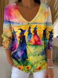 Women's Watercolor Witch Halloween Casual Print V-neck Long Sleeve Pullover Sweater