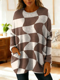 Women's Distorted Plaid Decorative Pattern Casual Round Collar Long Sleeve Sweater