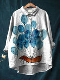 Women's Blue Balloon Dachshund Print Casual Cotton And Linen Shirt