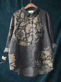 Asymmetric Floral and Leaf Combination Decorative Pattern Casual Cotton And Linen Shirt