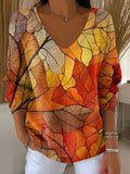Women's Autumn Leaves Casual Print V-neck Long Sleeve Pullover Sweater