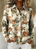 Women's Artistic Retro Floral Pattern Print Lapel Knit Sweater