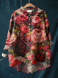 Women's Vintage Rose Art Print Casual Cotton And Linen Shirt