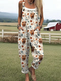 Sale Women's Highland Cow Print Casual Cotton Linen Wide Leg Jumpsuit