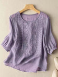 Women's Mid Sleeve Cotton And Linen Embroidery Blouse