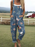 Women's Farm Animal Print Casual Cotton Linen Wide Leg Jumpsuit