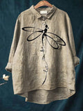 Let It Be Dragonfly Art Pattern Print Casual Cotton And Linen Shirt