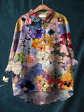 Women's Vintage Floral Art Print Casual Cotton And Linen Shirt