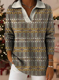Retro Ethnic Art Pattern Polo Collar Shiny Loose Sweater Top