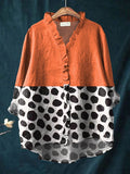 Women's Abstract Dot Pattern Art Print Casual Cotton And Linen Ruffle Shirt