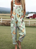 Women's Farm Chicken And Floral Pattern Casual Cotton Linen Wide Leg Jumpsuit
