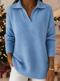 Casual Loose-fitting Polo Neck V-neck Knitted Pullover