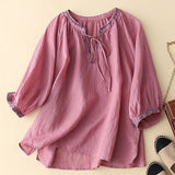 Women's Solid Embroidered V-Neck Tie-Up 3/4 Sleeves Casual Linen Top