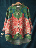 Women's Vintage Lovely Floral Art Print Casual Cotton And Linen Ruffle Shirt