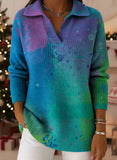 Color Gradient Tree Art Pattern Art Polo Collar Shiny Loose Sweater Top