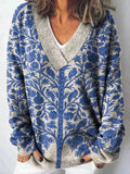Indian Art Floral Vintage Print Art Knit V-neck Pullover Sweater