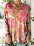 Women's Floral Pattern Art Print V-neck Casual Cotton T-shirt