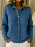 Women's Solid Color Shirt Collar Long Sleeve Waffle Knit Cardigan