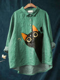 Women's Question Mark Kitten Print Casual Cotton And Linen Shirt