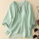Women's Solid Embroidered V-Neck Tie-Up 3/4 Sleeves Casual Linen Top