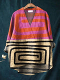 Women's Abstract Color-block Geometry Print Casual Cotton And Linen V-neck Shirt