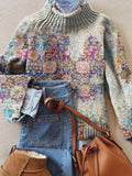 Vintage Floral Art Print Knit Turtleneck Pullover Sweater
