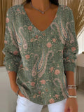 Women's Vintage Cashew Flowers Art Print V-neck Loose Sweater