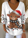 Women's Vintage Christmas Highland Cattle Art Print Casual Pullover Sweater
