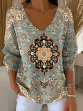 Vintage Ethnic Pattern Print V-neck Pullover Sweater