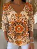 Women's Vintage Floral Pattern Art Print Casual V-Neck Sweater