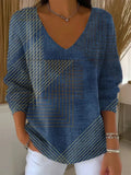 Women's Vintage Abstract Geometry Art Print V-neck Loose Sweater